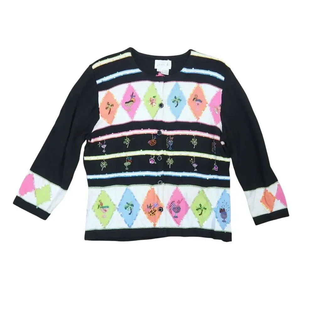 Vintage 90s Just B Black Diamond Cocktail Drink Beaded Cardigan Sweater L